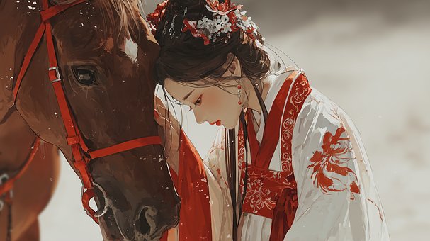 Cal, Femeie, Wuxia, Acuarelă