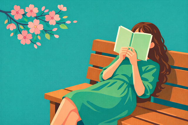 Free spring woman reading reading book illustration