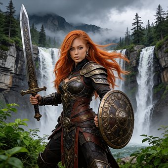 Kriegerin, Schwert, Schild, Wasserfall