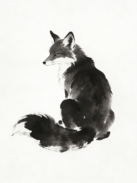 Free fox red fox sumi-e illustration