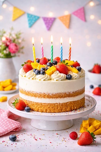 Free birthday cake festive candles fruits illustration