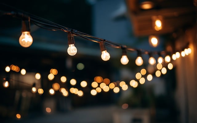 String lights in carnival and party backdrop arrangement glowing white against dark background