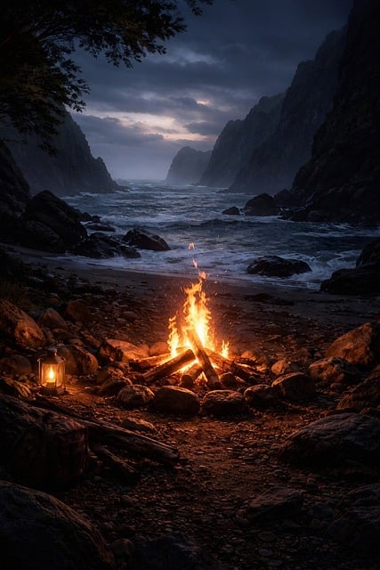 Lagerfeuer, Brennholz, Flammen, Laterne