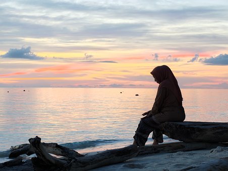 Strand, Solnedgang, Kvinde, Silhuet, Hav