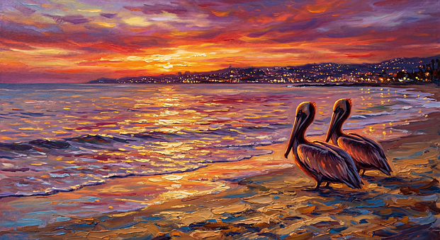 Pelikaner, Solnedgang, Strand, Hav