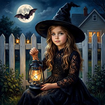 Menina, Bruxa, Halloween, Morcego, Lua