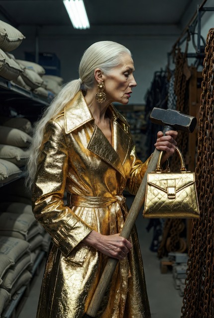 Senior Vrouw, Gouden Trenchcoat