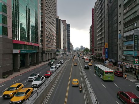 Stadt, Straße, Verkehr, Wolkenkratzer