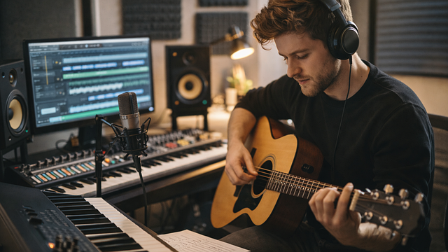 Free home studio acoustic guitar musician illustration