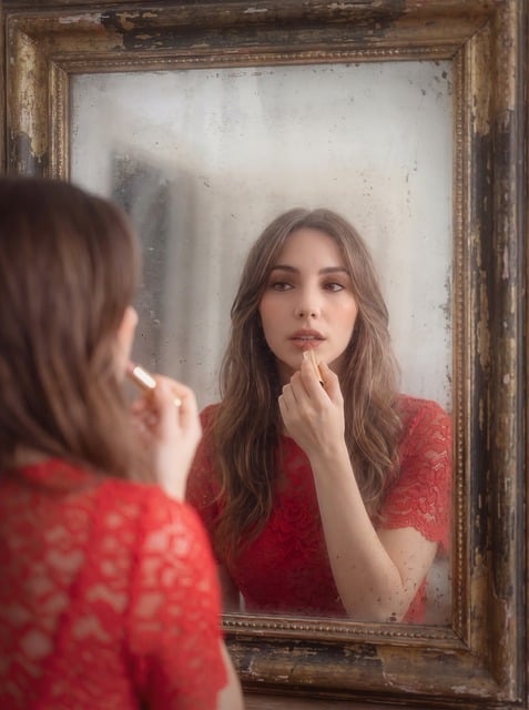 Frau, Reflexion, Spiegel, Lippenstift