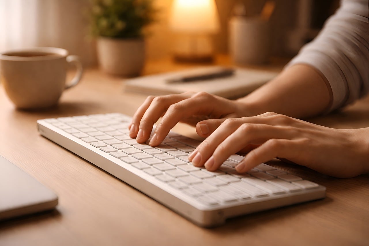Scrierea unui mesaj despre „Șef Paul Constantin email.” pe un laptop, într-un spațiu de lucru