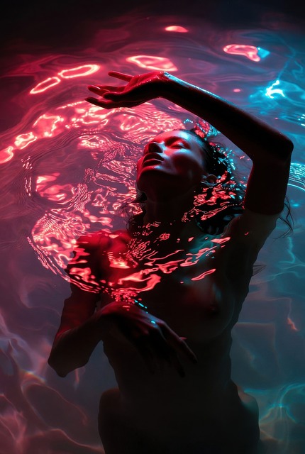 Drijvend, Water, Vrouw, Neonlicht, Rood