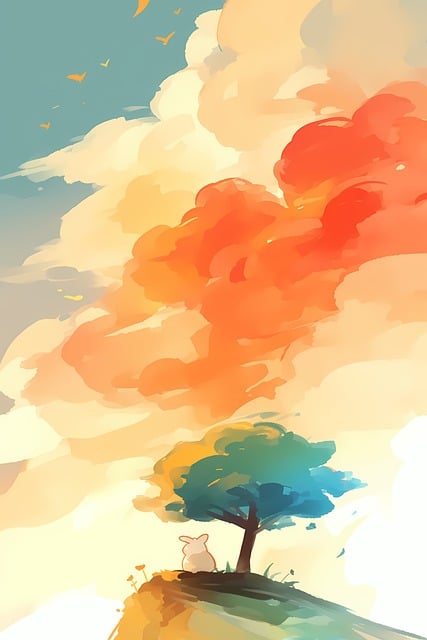 Baum, Kaninchen, Himmel, Wolken, Herbst