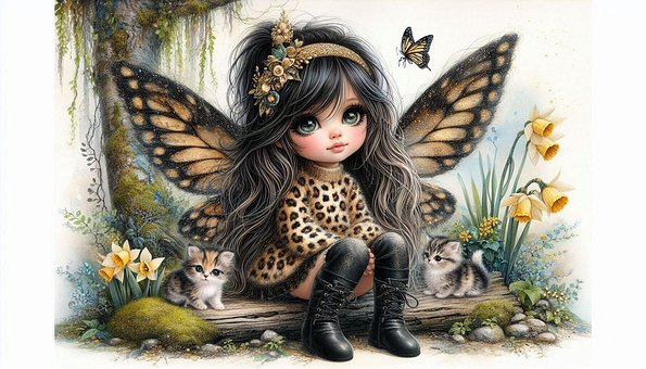 Menina, Fantasia, Natureza, Asas, Gato