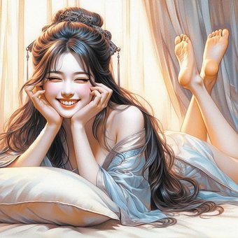 Mulher, Sorriso, Deitado, Cabelo, Cama