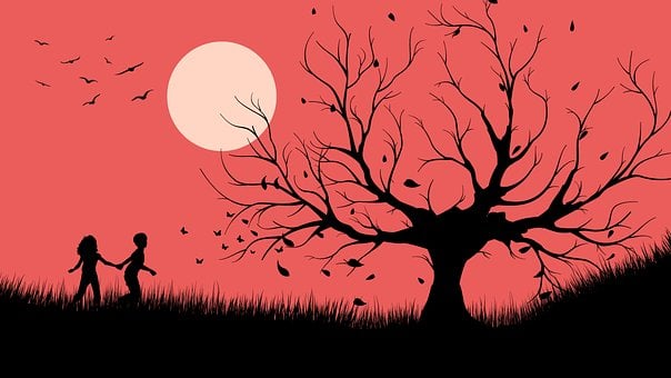 Silhouette, Baum, Mond, Rot, Paar, Natur