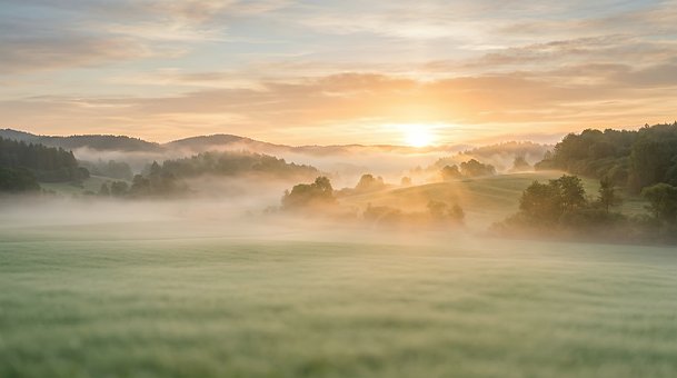 Landschaft, Dämmerung, Nebel, Vernebelt