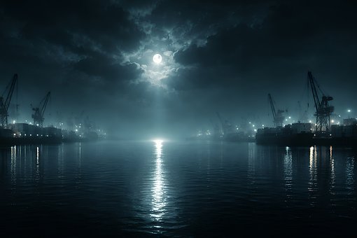 Hafen, Nacht, Mond, Wasser, Spiegelungen
