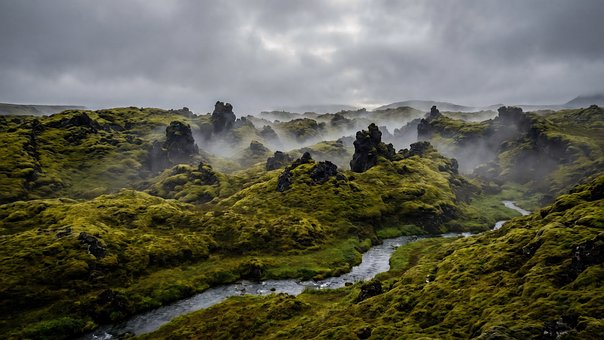 Ijsland, Mos, Lava, Mist, Landschap