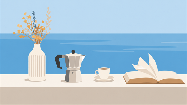 Buch, Meeresküste, Kaffeemaschine
