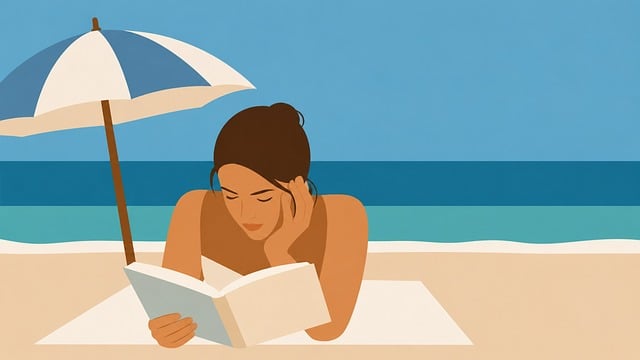 Frau, Lesen, Buch, Strand, Sonnenschirm