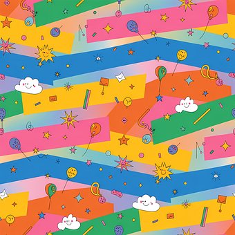 Bunt, Muster, Ballons, Wolken, Sterne