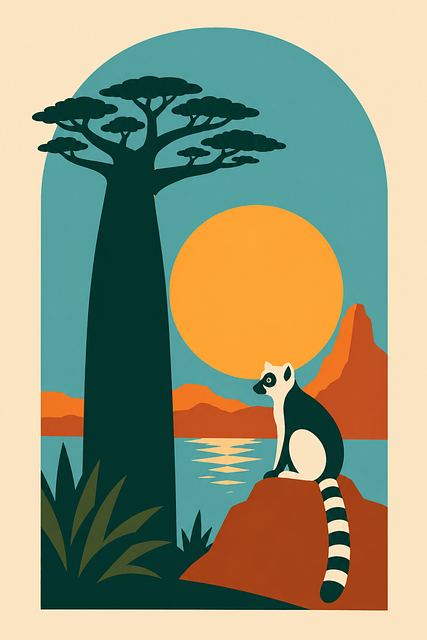 Free baobab lemur sunset vector
