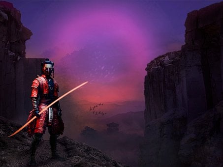 Krieger, Ninja, Mond, Berge, Nebel