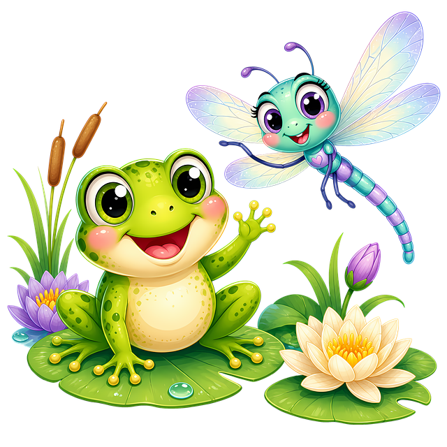 Free frog dragonfly water lily illustration