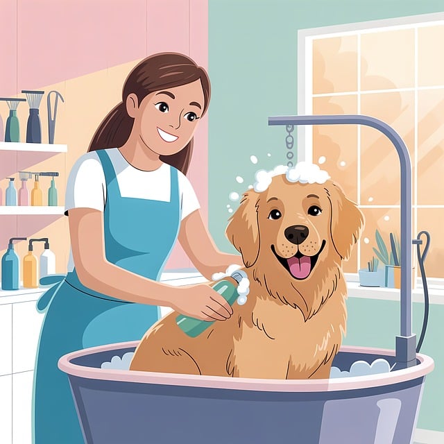 Free ai generated dog bath woman washing dog illustration