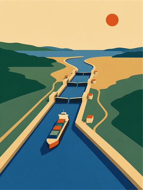 Free cargo ship canal geometric illustration