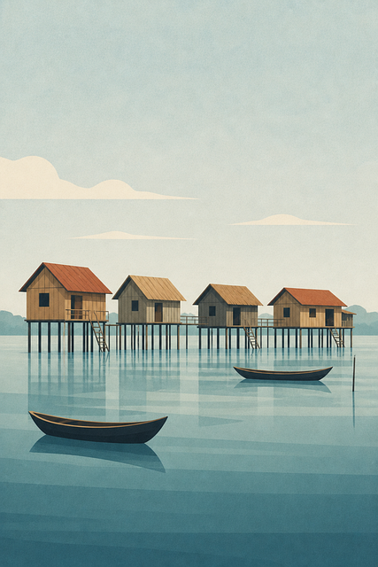 Free floating village wooden huts stilt houses vector