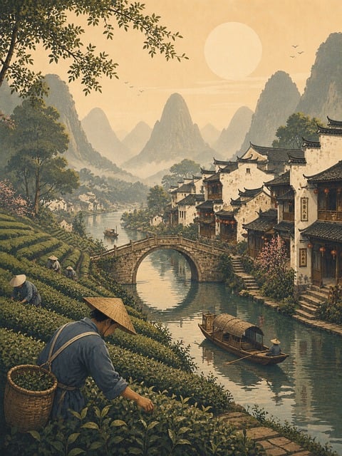 Free chinese landscape tea plantation chinese village vector