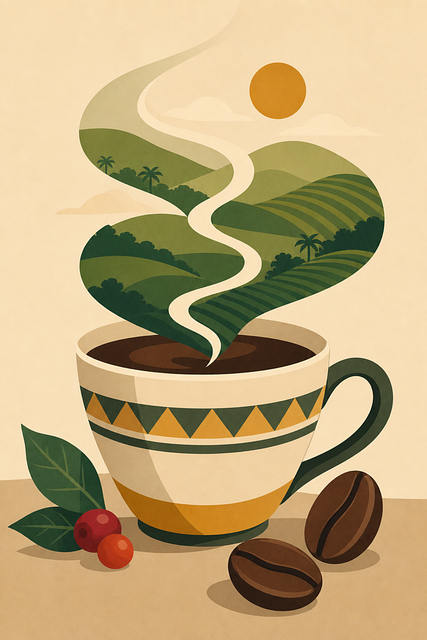 Free coffee illustration surreal landscape green hills vector