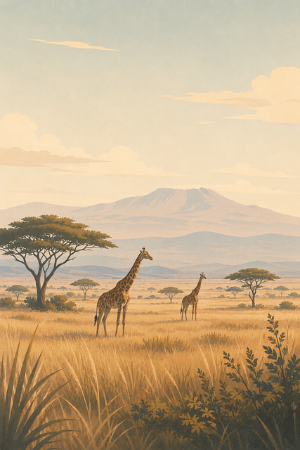 Free african savanna giraffes mount kilimanjaro illustration
