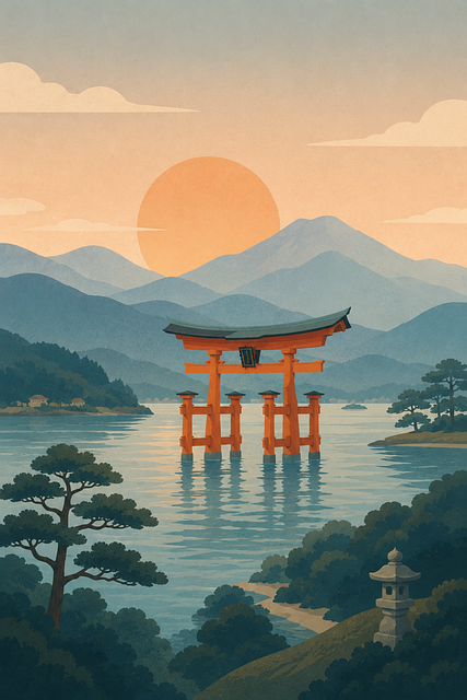 Free japanese gate calm water layered mountains illustration