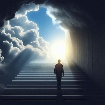 Hombre, Escaleras, Cielo, Nubes, Luz
