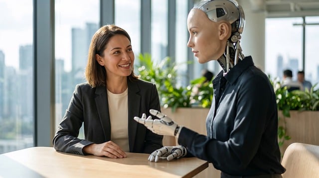 Ai Generado, Mujer, Robot, Interacción