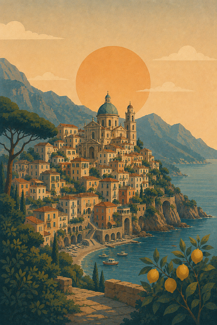 Free coastal town mediterranean style tower vector