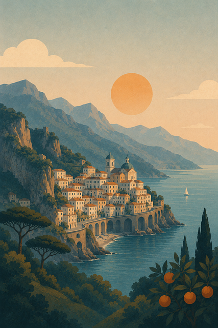 Free medieval village coastal town sunset vector