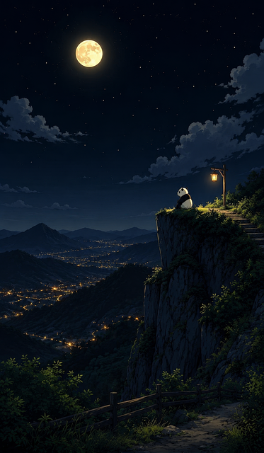 Free panda illustration full moon night landscape illustration