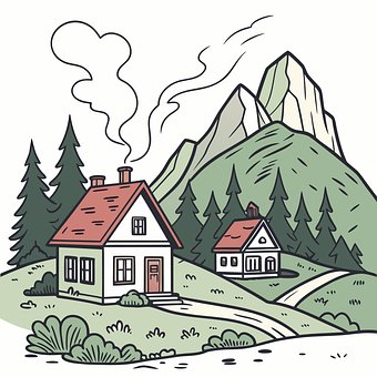 Hytte, Fjell, Skog, Tegning, Skorstein