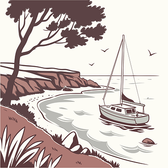 Tekening, Boot, Boom, Kust, Jacht, Zee