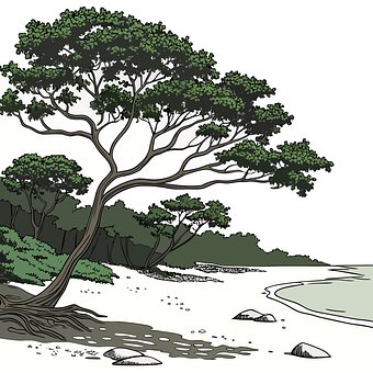 Tegning, Strand, Trær, Natur