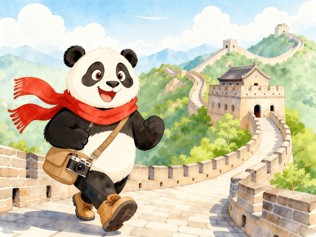 Free panda great wall of china red scarf illustration