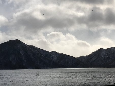 Sø, Bjerge, Skyer, Natur, Vinter