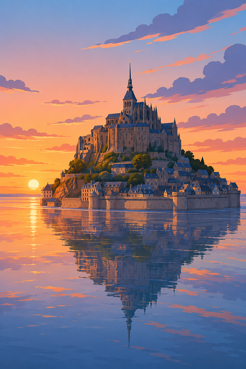 Download Mont Saint Michel, Sunset, High Tide. Royalty-Free Vector ...