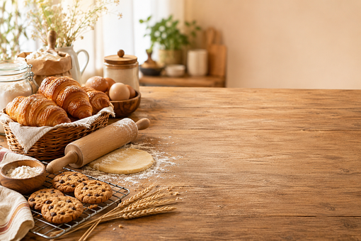 Küche, Holztisch, Gebäck, Croissant