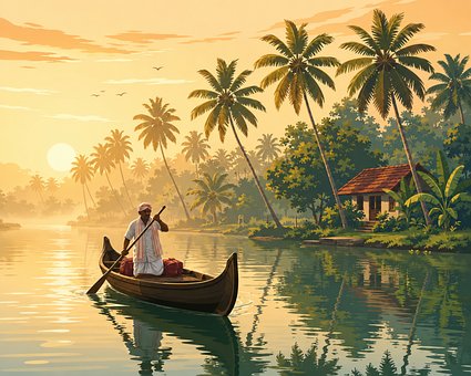 Amanecer, Kerala, Canoa, Barquero