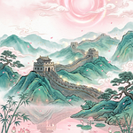 Random: great wall, traditional chinese painting, nature, landscape, mountains, bamboo, blossoms, lotus, sunrise, clouds, pink, chinese architecture, cultural heritage, water element, fantasy, decorative, peaceful, ethereal, lighting, pastel colors
